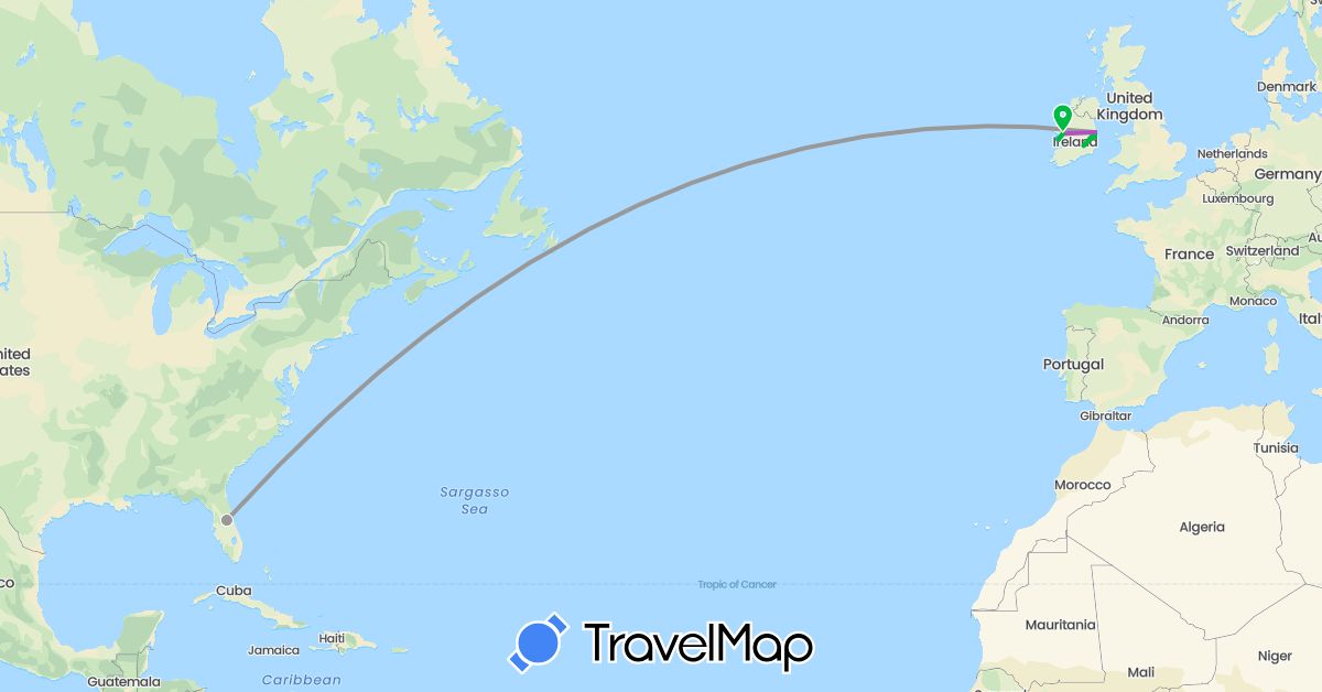 TravelMap itinerary: bus, plane, train, boat in Ireland, United States (Europe, North America)